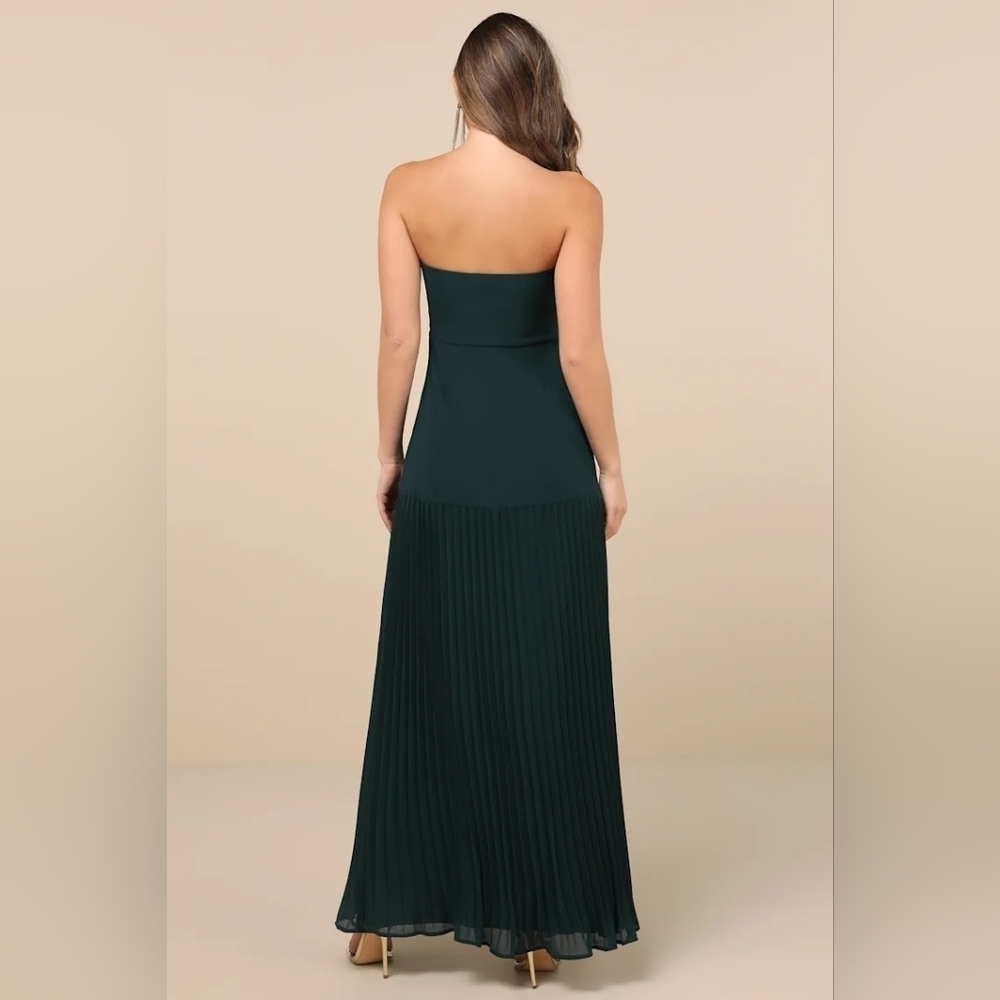 Lulus Celebratory Aesthetic Emerald Pleated Strapless Maxi Dress Wedding Party - Picture 5 of 8